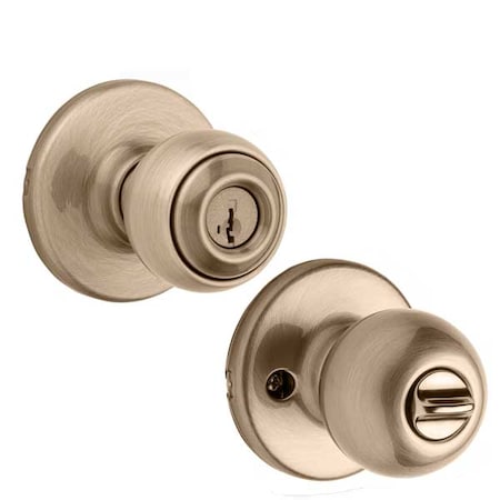 Kwikset Kwikset: Polo Entry Door Knob with Round Rose / Antique Brass / with SmartKey Technology KWS-400P-RDT-SMT-5